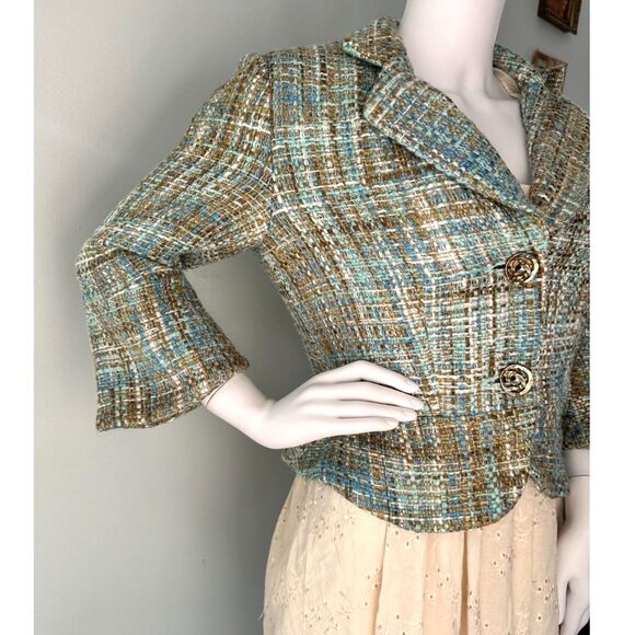 Vintage Y2k Dressbarn Blue and Brown Tweed Cropped Blazer Suit Jacket size Small - Picture 4 of 7